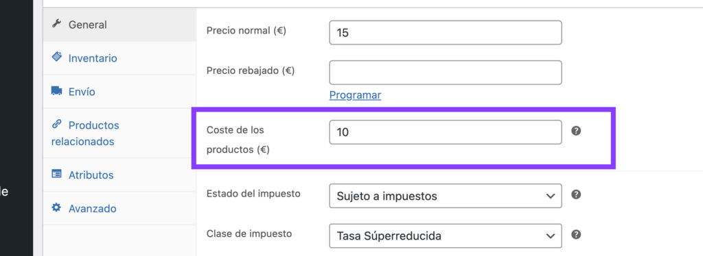 anadir coste producto woocommerce