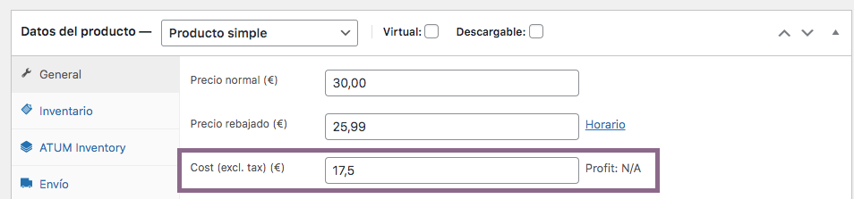 mostrar el coste de producto en woocommerce