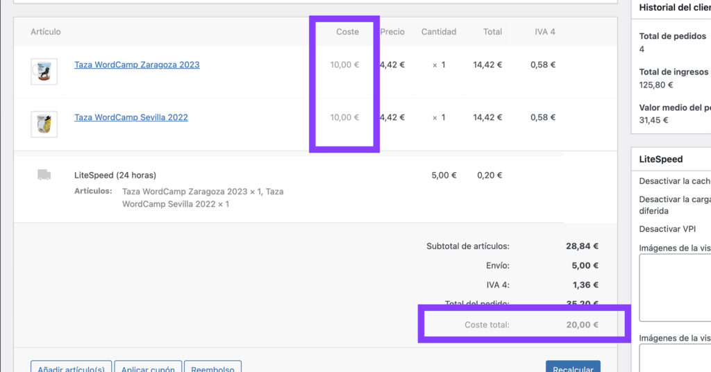 precio coste pedidos woocommerce