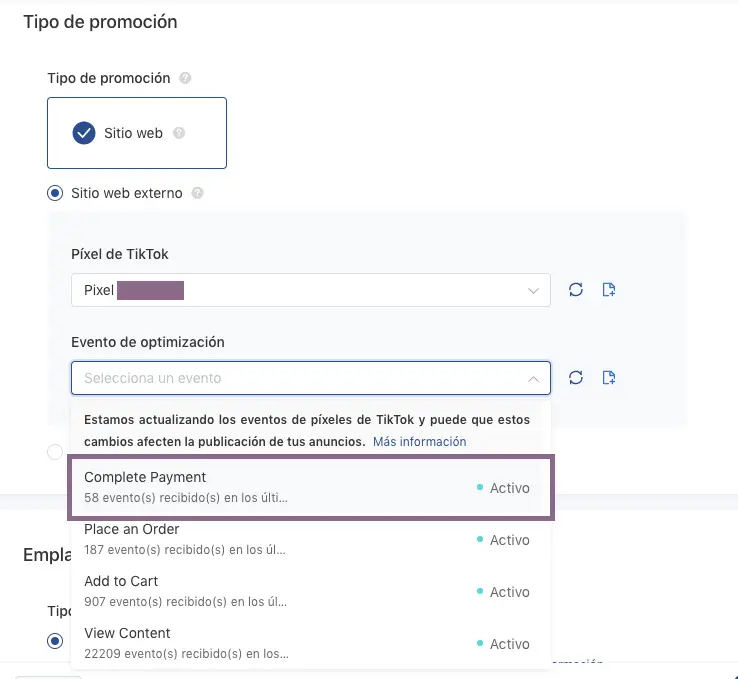 objetivo pixel tik tok
