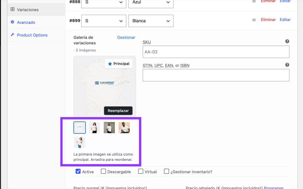 variaciones productos woocommerce imagenes