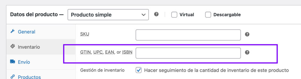 gtin woocommerce inventario