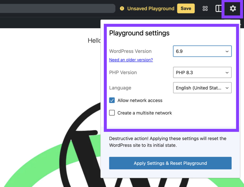 ajustes wordpress playground