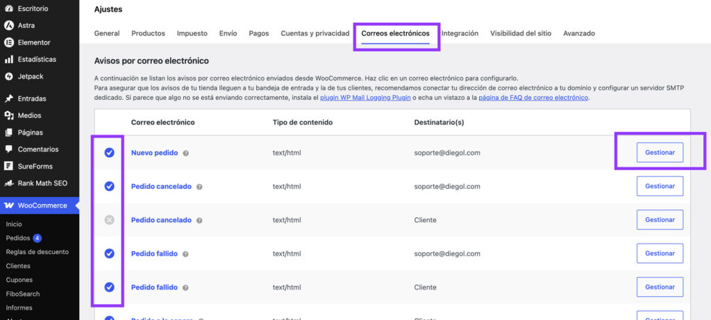 no llegan emails woocommerce