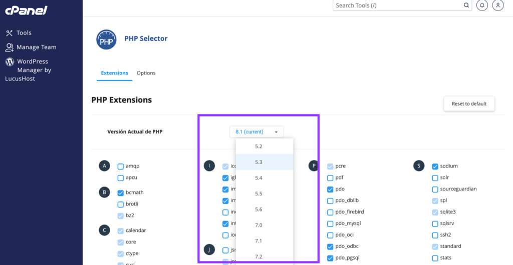 cambiar version php online