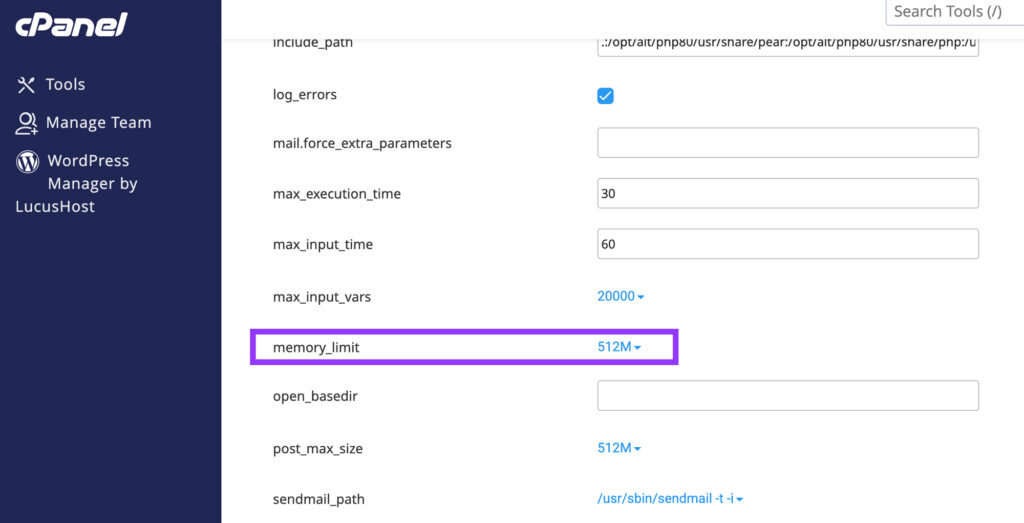cpanel memory limit wordpress