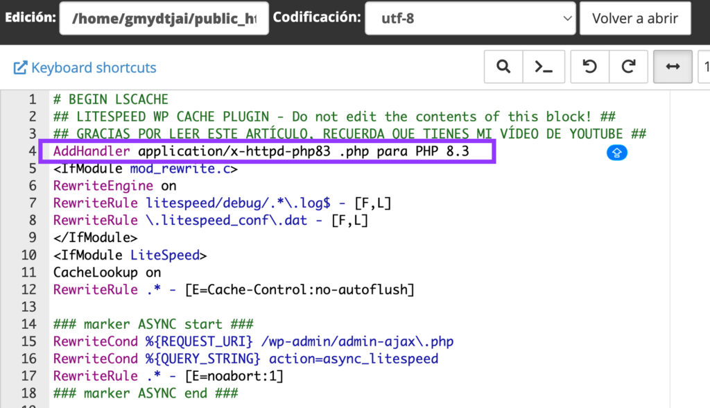 htaccess cambiar version php