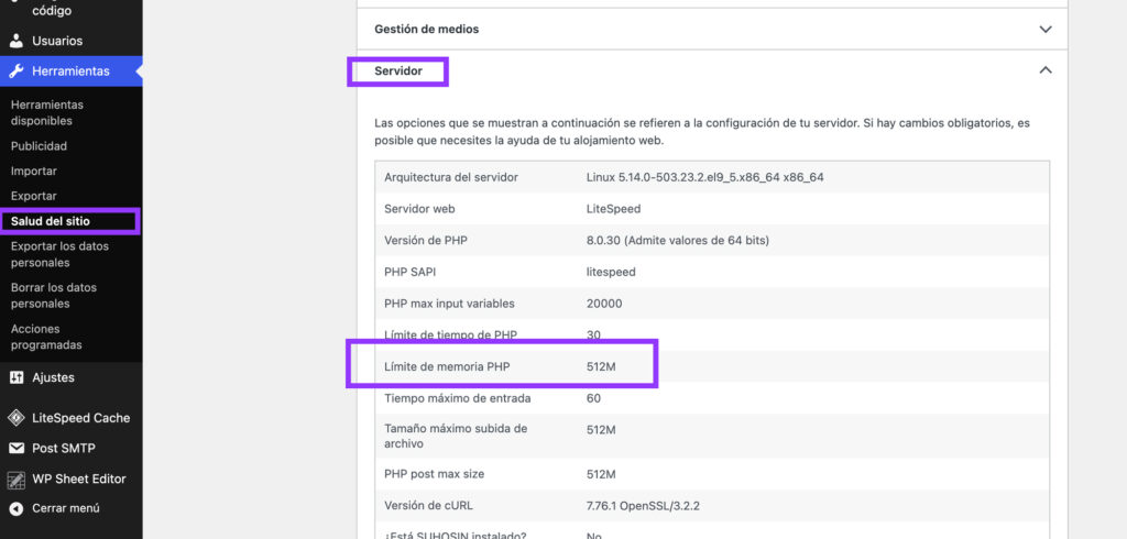 limite servidor php wordpress