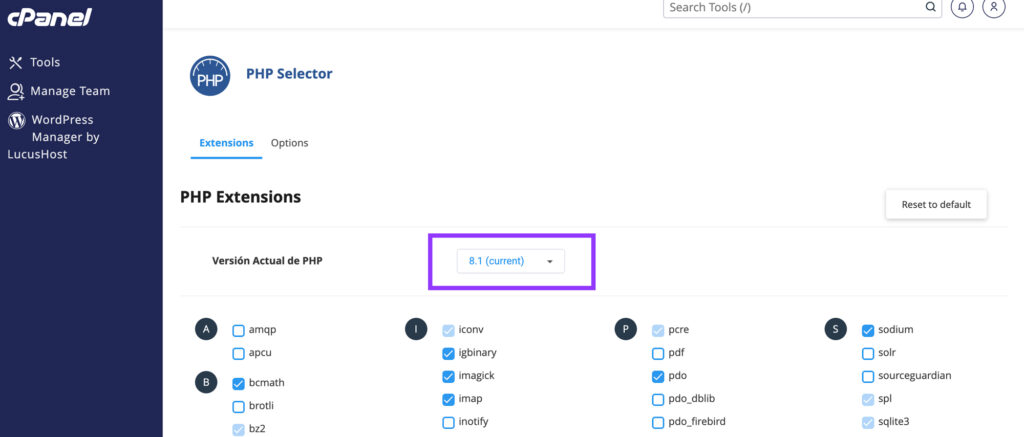 version php desde cpanel wordpress