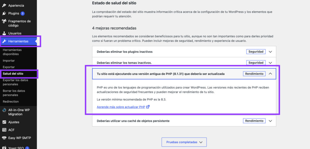 version php wordpress herramientas salud del sitio