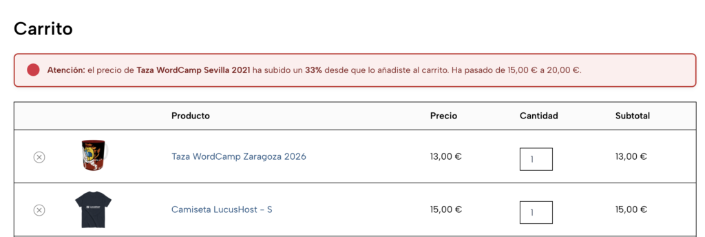 aviso de cambio de precios productos carrito woocommerce