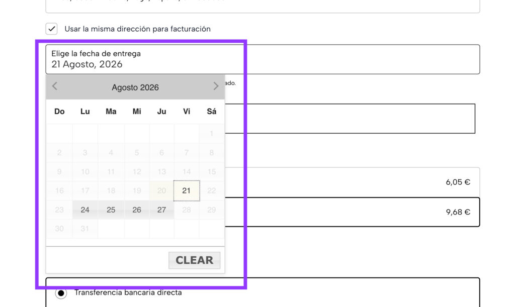 calendario entrega woocommerce checkout
