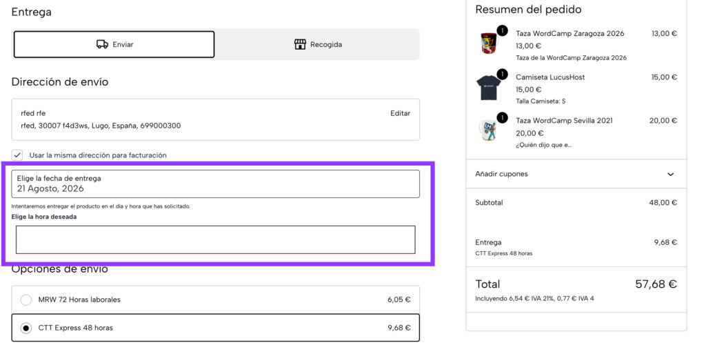 checkout woocommerce selector fecha entrega