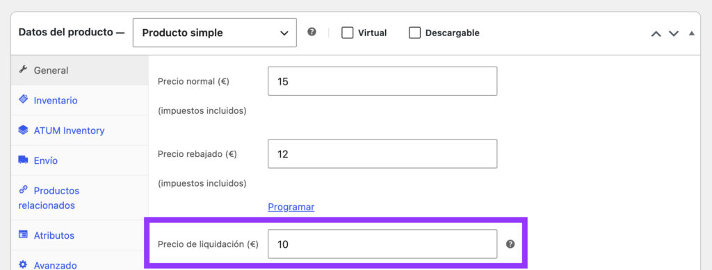 anadir precio liquidacion woocommerce