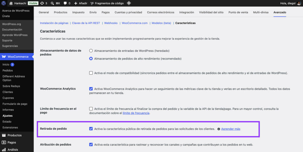 Activar la retirada del pedido en WooCommerce > Ajustes > Avanzado > Características