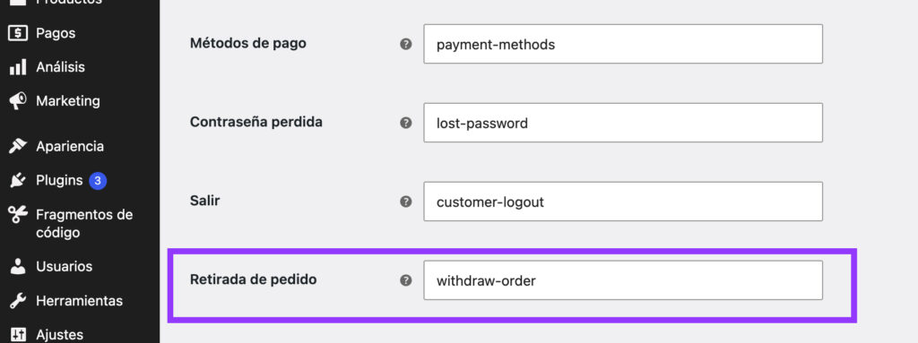 Endpoint de retirada de pedido con la URL por defecto withdraw-order en WooCommerce