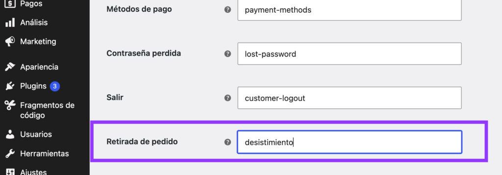 Cambiar el endpoint de retirada de pedido a desistimiento en WooCommerce