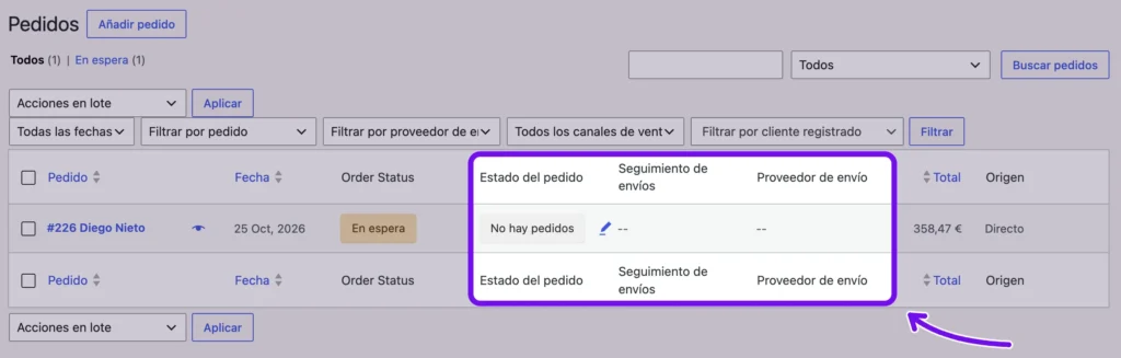 columnas estado envio woocommerce