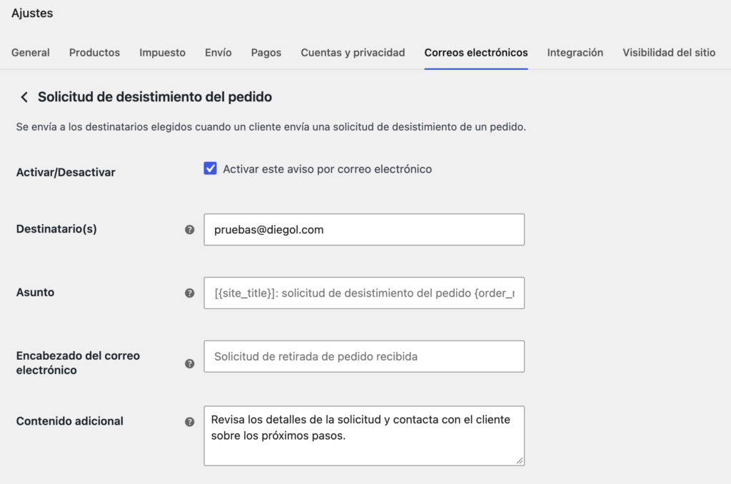 Editar el email de solicitud de desistimiento que recibe la tienda en WooCommerce