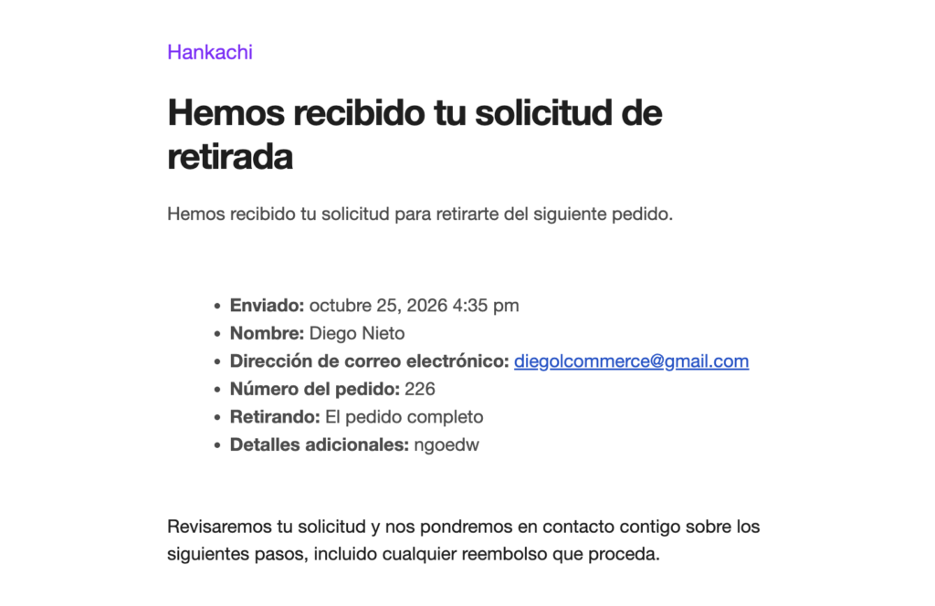 Email de acuse de recibo de desistimiento que recibe el cliente sin personalizar