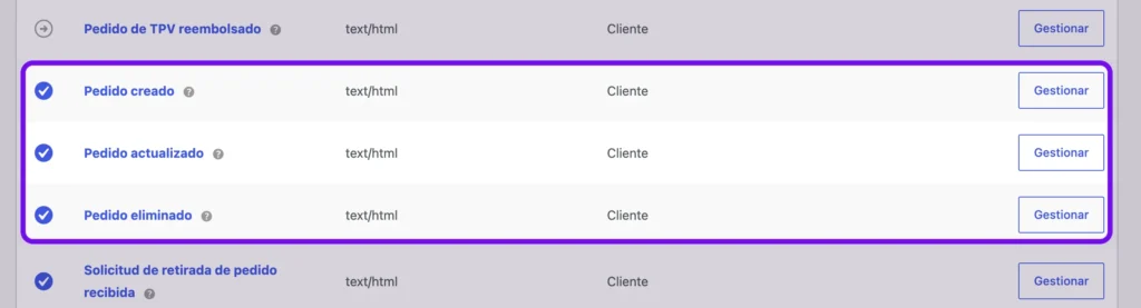 emails pedido creado actualizado eliminado woocommerce