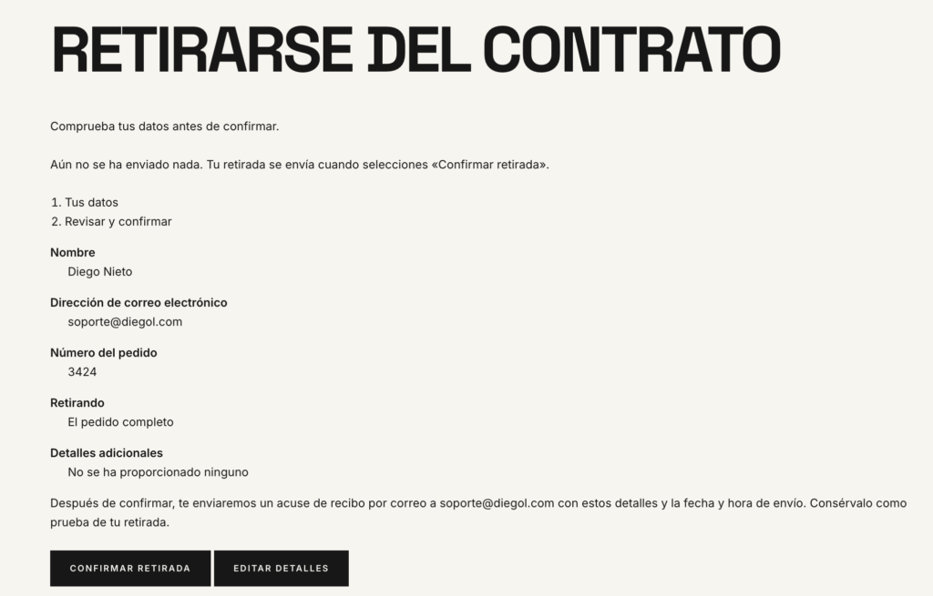 Formulario de desistimiento de WooCommerce relleno desde la vista del cliente