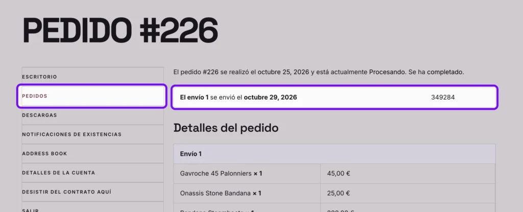 mi cuenta pedido envio woocommerce