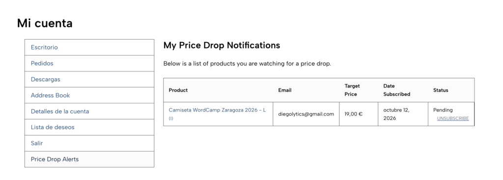 mi cuenta suscripciones bajada precio woocommerce