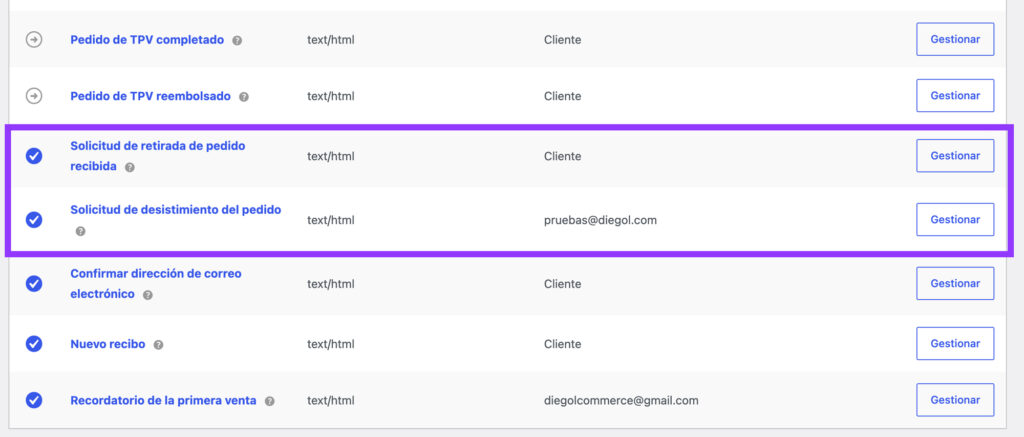 Nuevos correos electrónicos de desistimiento en los ajustes de WooCommerce