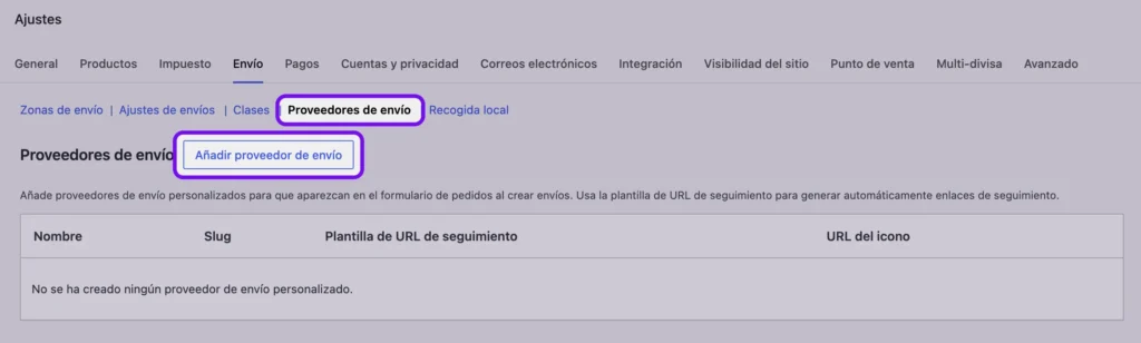 proveedores envio ajustes woocommerce